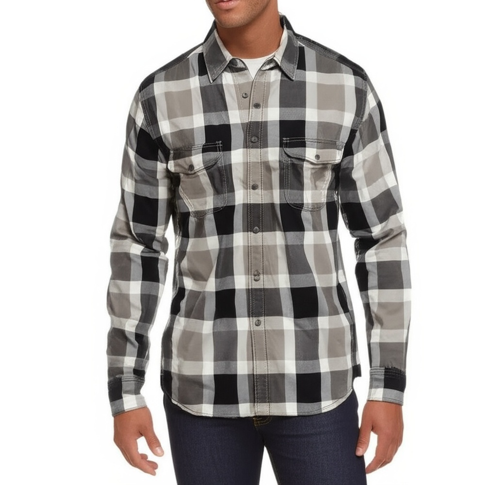 Sonoma Jean Co Mens Large Black Grey White Plaid Flannel Button Up Shirt Casual